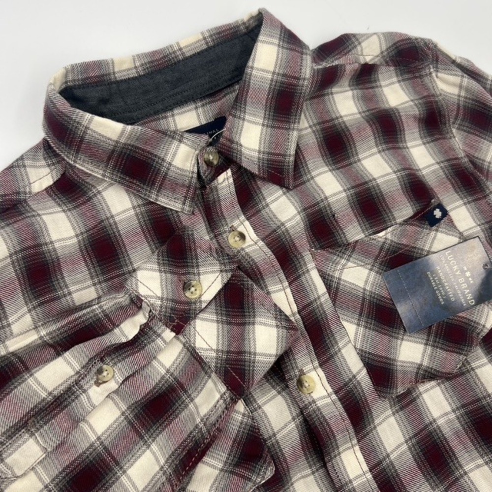 NWT Lucky Brand Boys Large Plaid Button Up Burgundy & Cream Long Sleeve Shirt